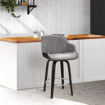 Darwin Grey Velvet And Wooden Swivel Bar Stool