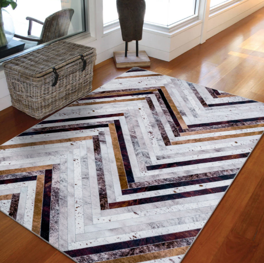 Grey Brown Striped Calf Hide Modern Carpet Washable Rugs 200x290cm