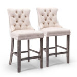 Adelaide Beige Velvet And Wooden Legs With Ring And Studs Designer Barstool 2pcs Set