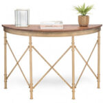 French Half Round Shape Brass Finish Wooden Hallway Console Table
