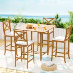 Acacia Wood 5-Piece Bistro Patio Outdoor Bar Table And Chairs