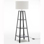 Off White Linen Shade Eiffel Natural Wood Floor Lamp Storage Shelves